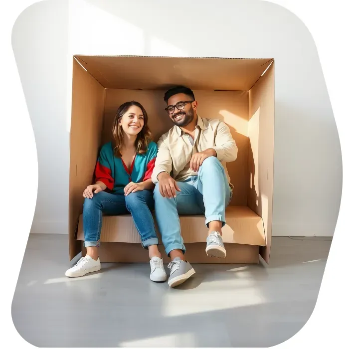 Two guys sitting on the floor of their apartment with Muval moving boxes
