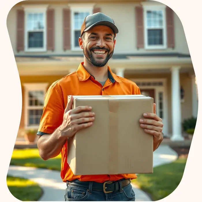 Two removalists moving boxes up stairs